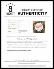 Gordie Howe, Sid Abel, & Ted Lindsay Autographed Official Detroit Red Wings Logo Hockey Puck Production Line Beckett BAS #AE85131