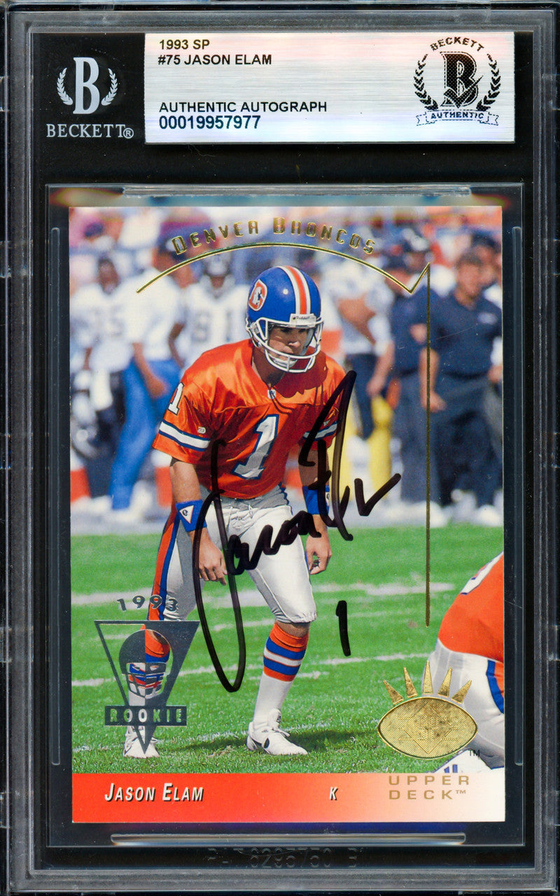 Jason Elam Autographed 1993 Stadium Club Rookie Card #525 Denver Broncos Beckett BAS #19957977