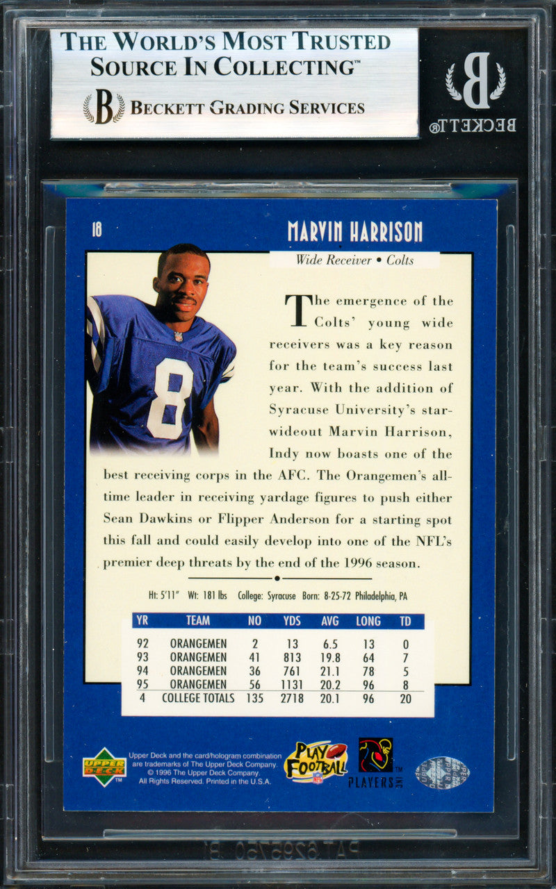 Marvin Harrison Autographed 1996 Upper Deck Rookie Card #18 Indianapolis Colts Beckett BAS #19958166