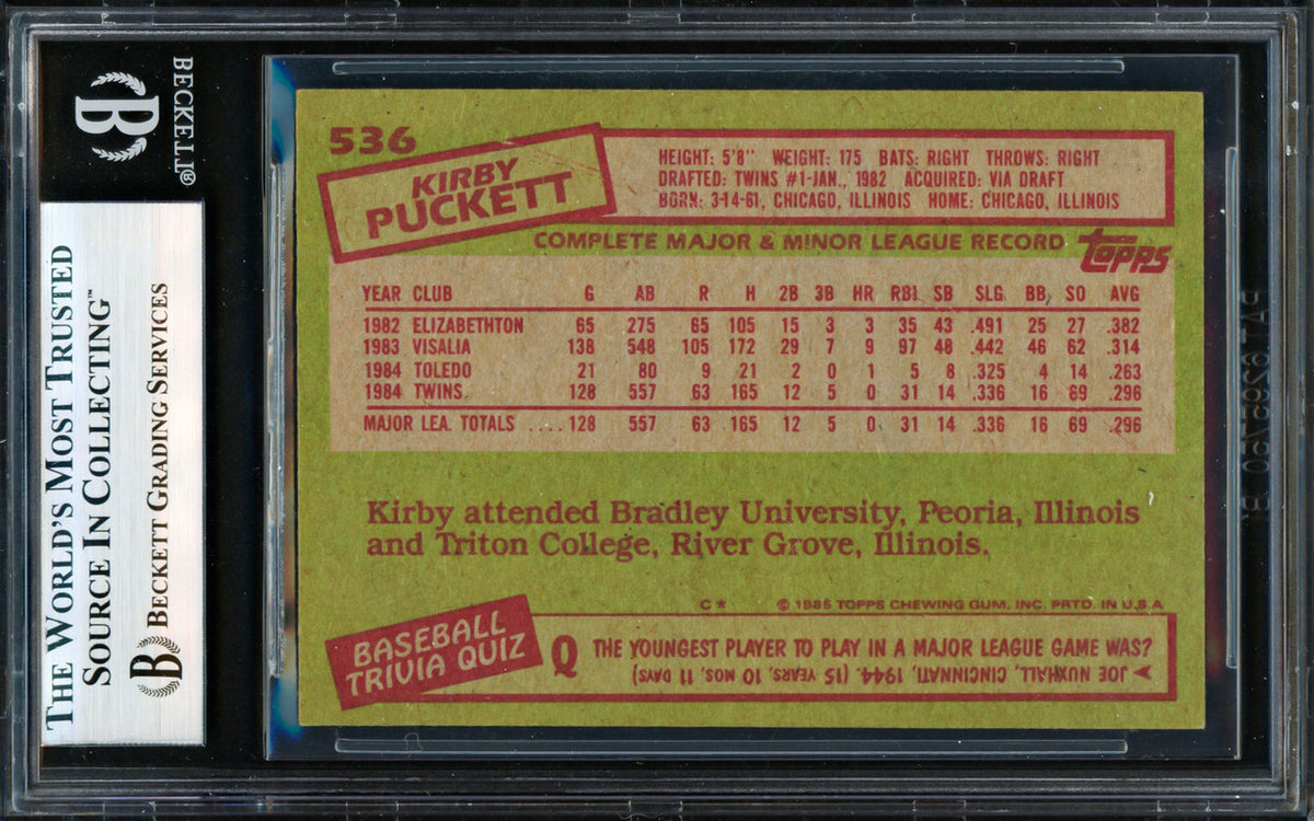 Kirby Puckett Autographed 1985 Topps Rookie Card #536 Minnesota Twins Beckett BAS #19958556