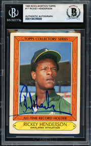 Rickey Henderson Autographed 1985 Topps Woolworth's Card #17 Oakland A's Beckett BAS #19829888