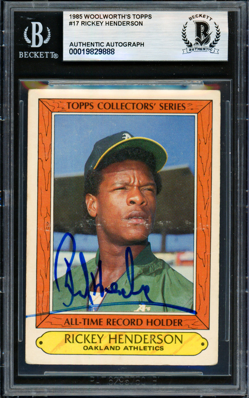 Rickey Henderson Autographed 1985 Topps Woolworth's Card #17 Oakland A's Beckett BAS #19829888