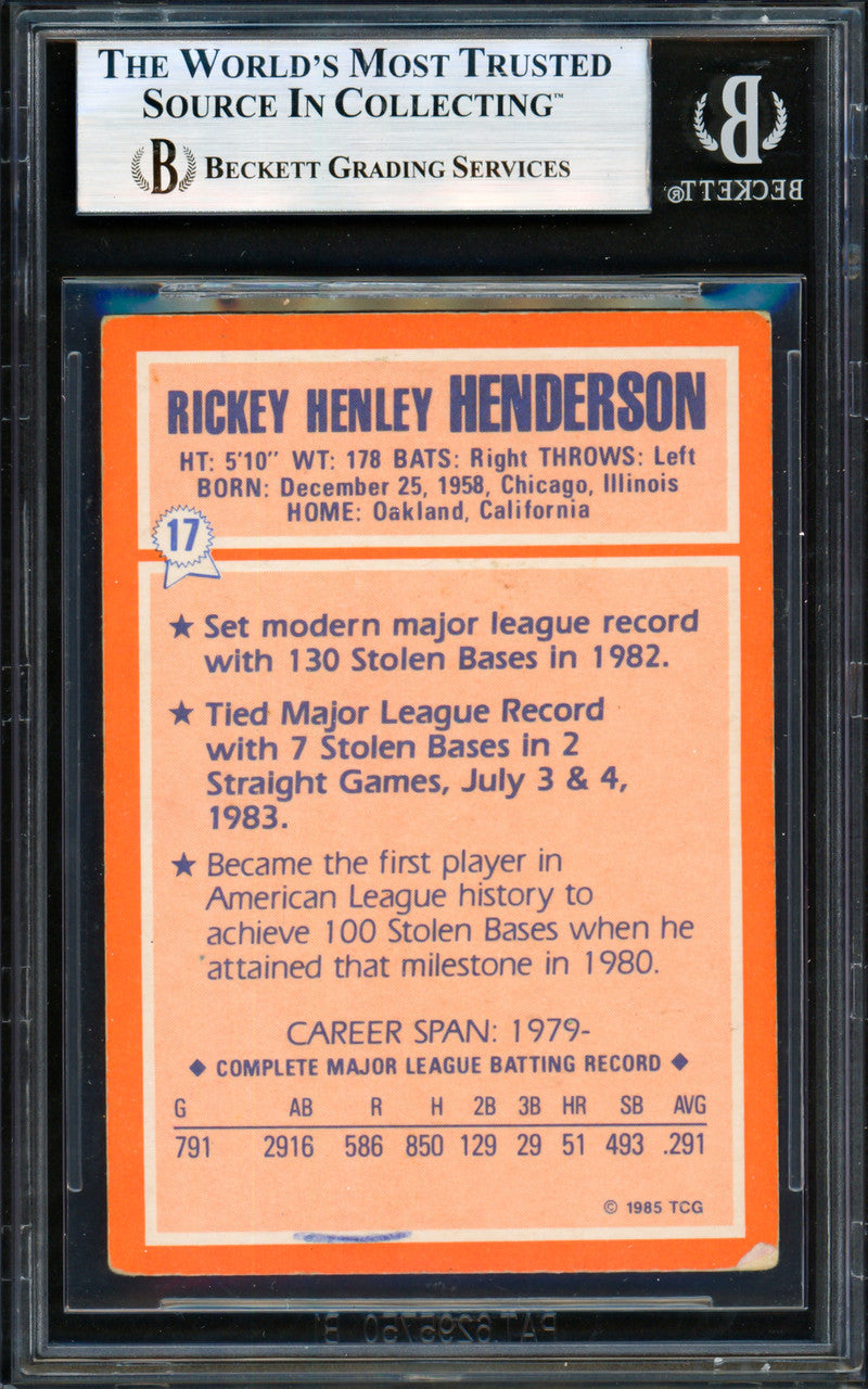 Rickey Henderson Autographed 1985 Topps Woolworth's Card #17 Oakland A's Beckett BAS #19829888