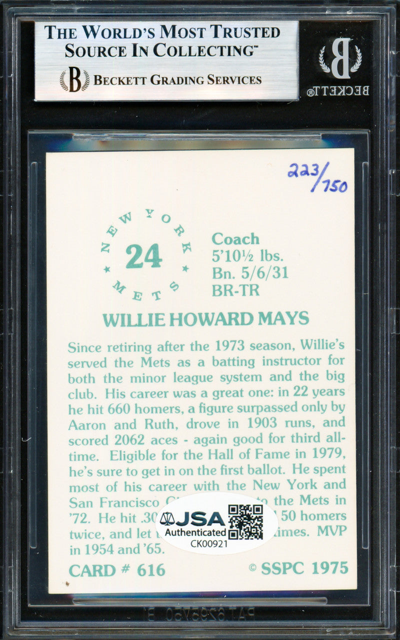 Willie Mays Autographed 1976 SSPC Card #616 New York Mets Beckett BAS #19831511