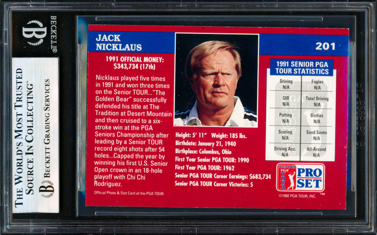 Jack Nicklaus Autographed 1992 Pro Set Card #201 Beckett BAS #19830102