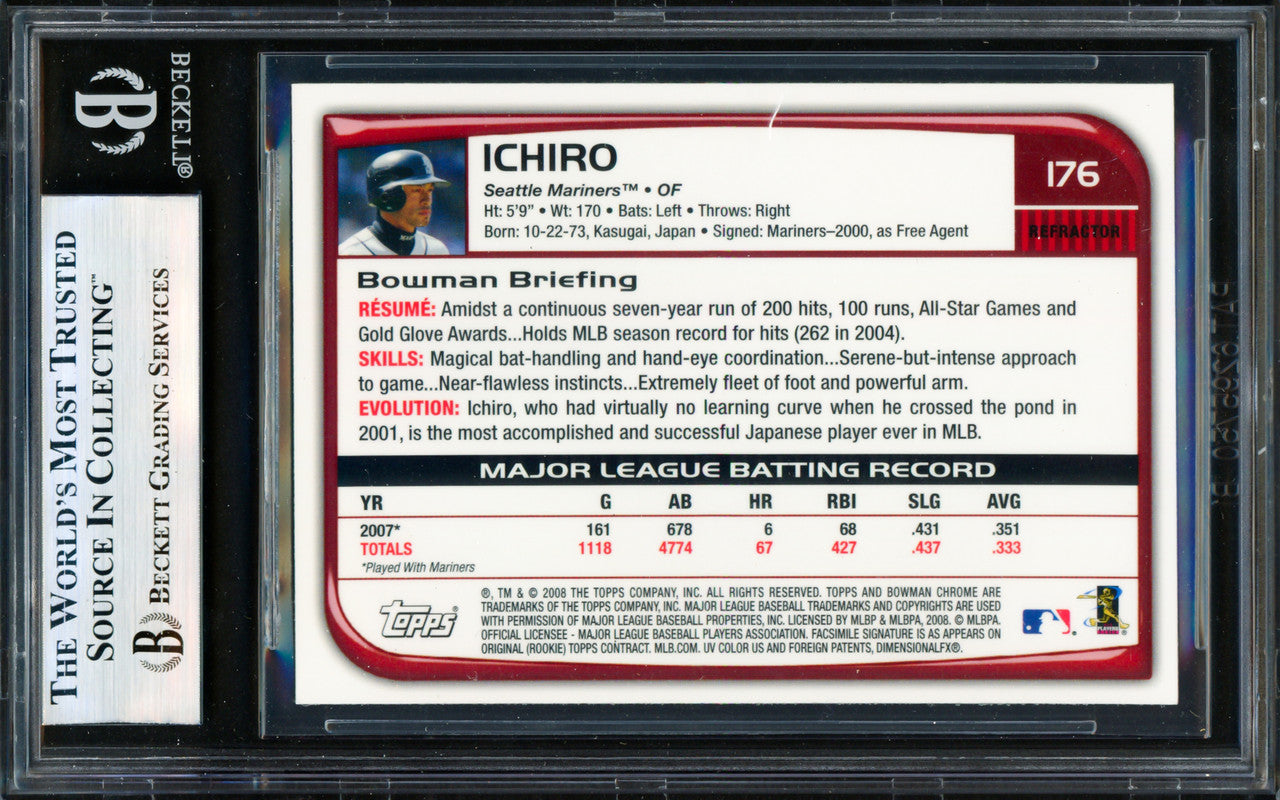 Ichiro Suzuki Autographed 2008 Bowman Chrome Refractor Card #176 Seattle Mariners Beckett BAS #19830960