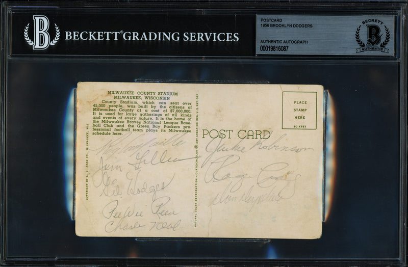1956 Brooklyn Dodgers Legends Autographed Postcard With 8 Signatures Including Jackie Robinson Beckett BAS #19816087