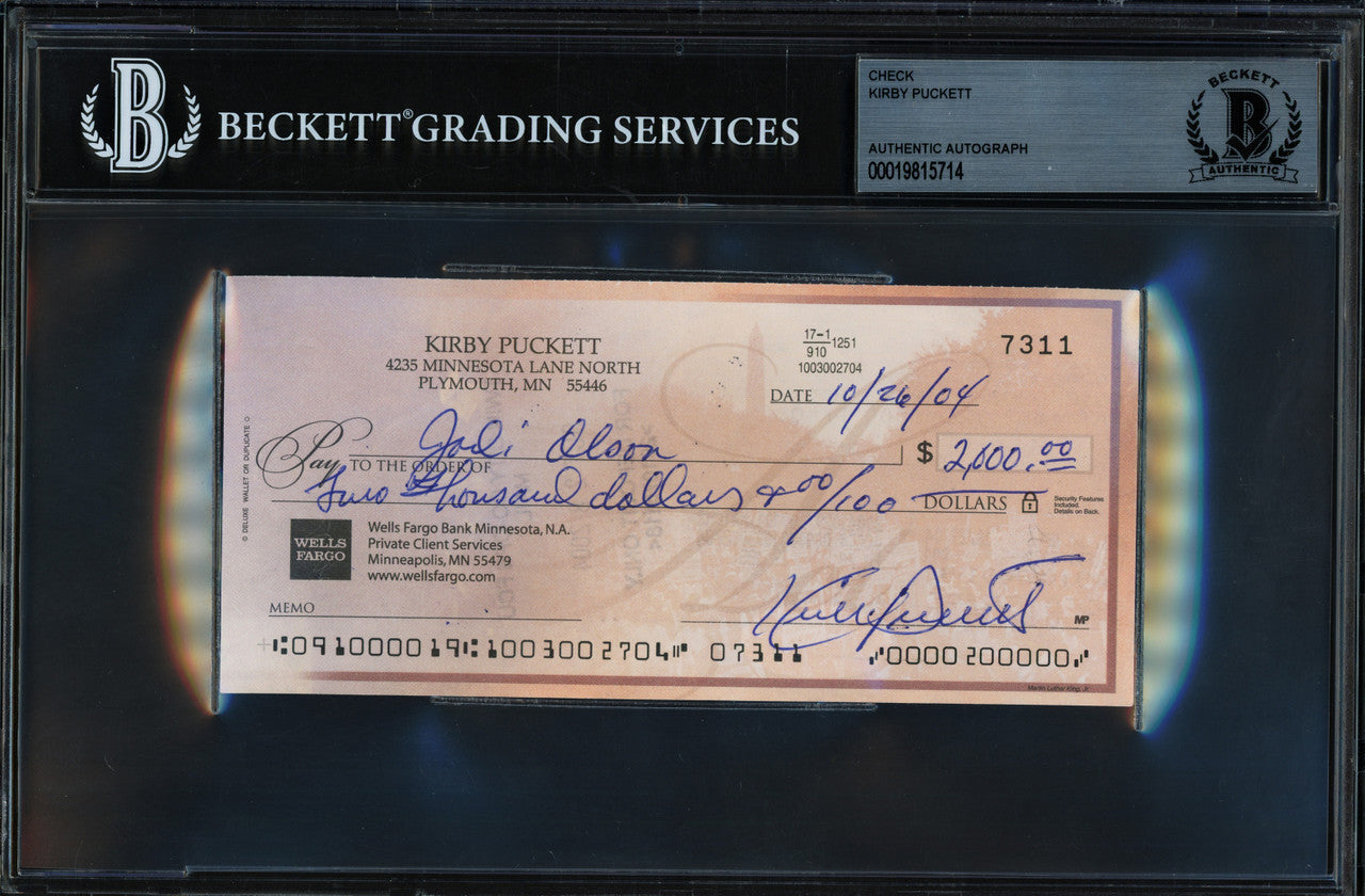 Kirby Puckett Autographed Check Minnesota Twins Beckett BAS #19815714