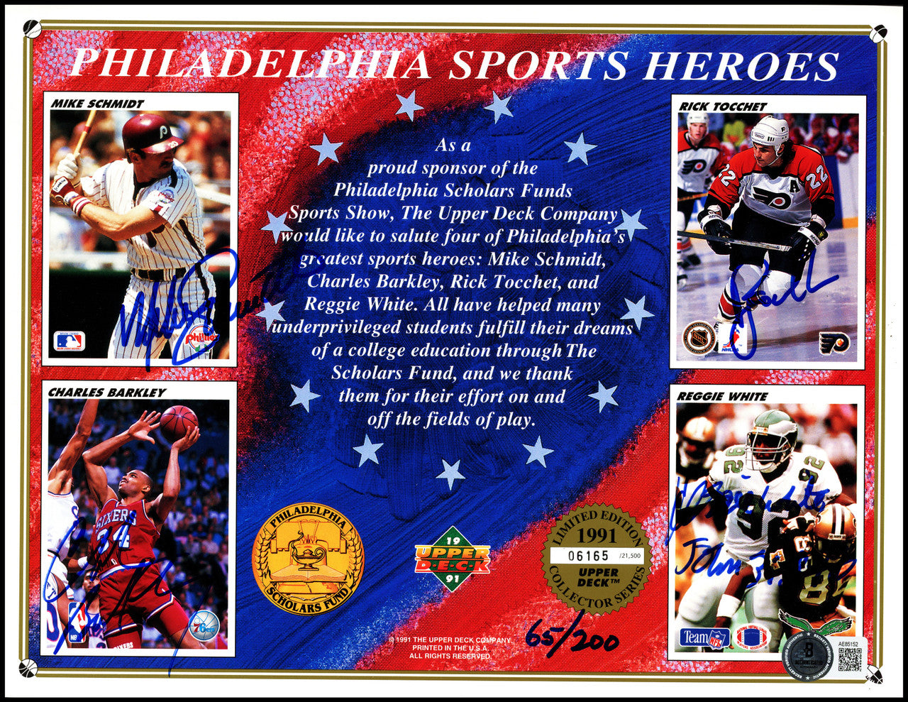 Reggie White, Charles Barkley, Mike Schmidt Autographed 1991 Upper Deck Philadelphia Sports Heroes Letter #65/200 Beckett BAS #AE85152
