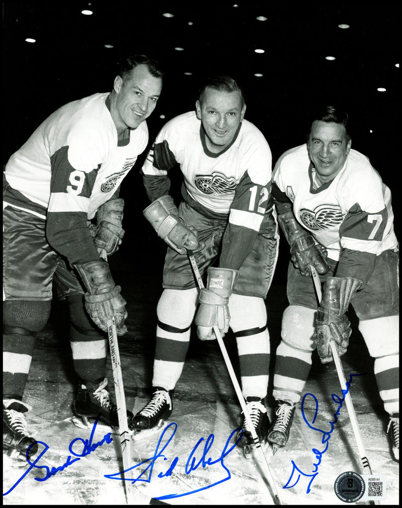 Gordie Howe, Sid Abel, & Ted Lindsay Autographed 8x10 Photo Production Line Beckett BAS #AE85141