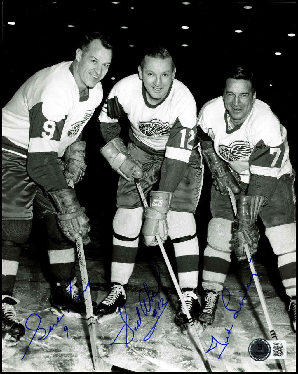Gordie Howe, Sid Abel, & Ted Lindsay Autographed 8x10 Photo Production Line Beckett BAS #AE85142