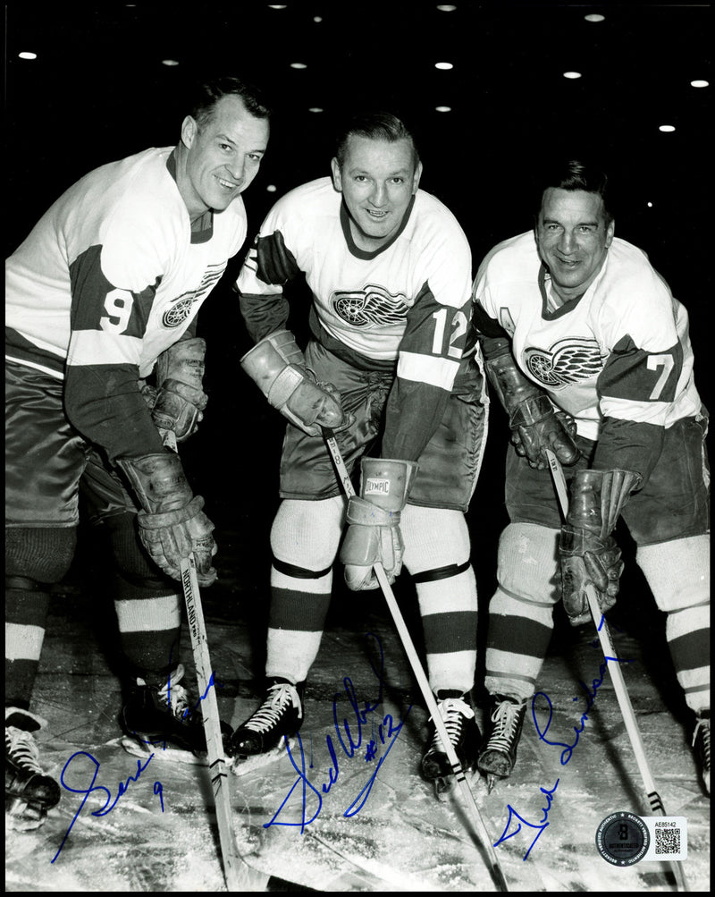Gordie Howe, Sid Abel, & Ted Lindsay Autographed 8x10 Photo Production Line Beckett BAS #AE85142