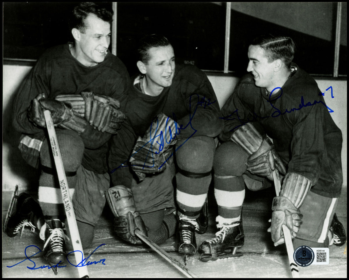 Gordie Howe, Sid Abel, & Ted Lindsay Autographed 8x10 Photo Production Line Beckett BAS #AE85144
