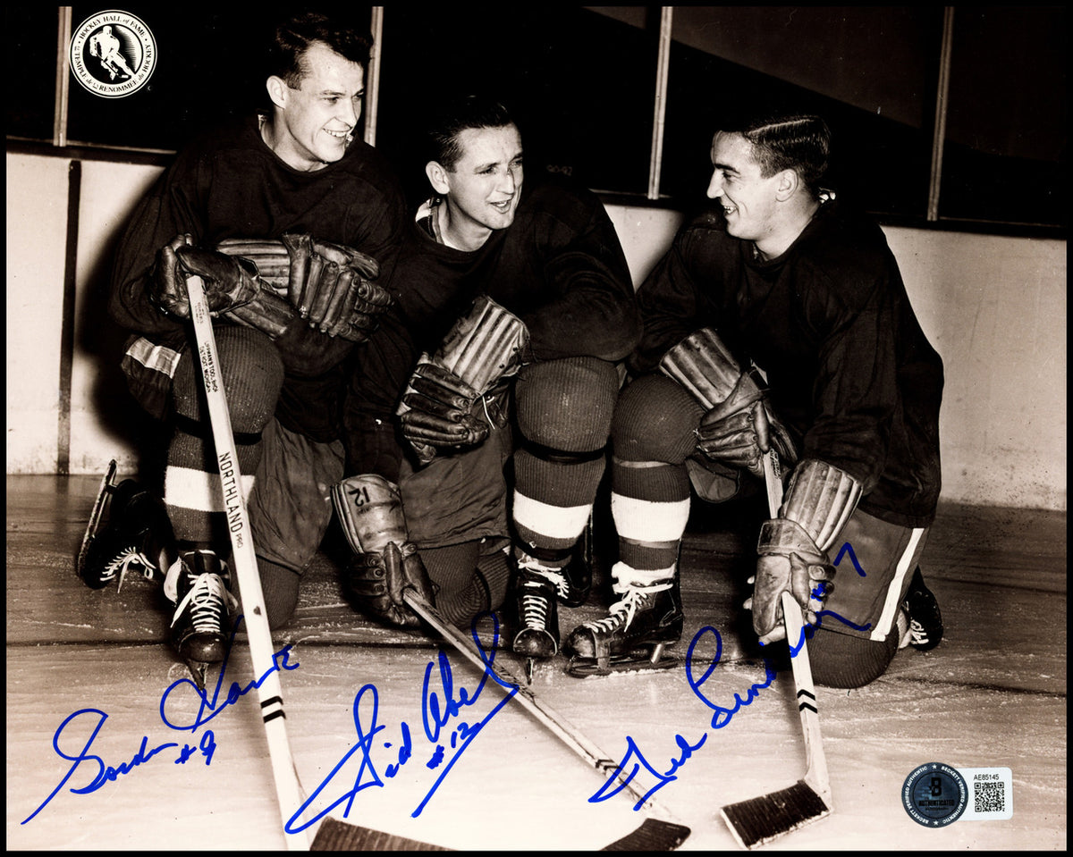 Gordie Howe, Sid Abel, & Ted Lindsay Autographed 8x10 Photo Production Line Beckett BAS #AE85145