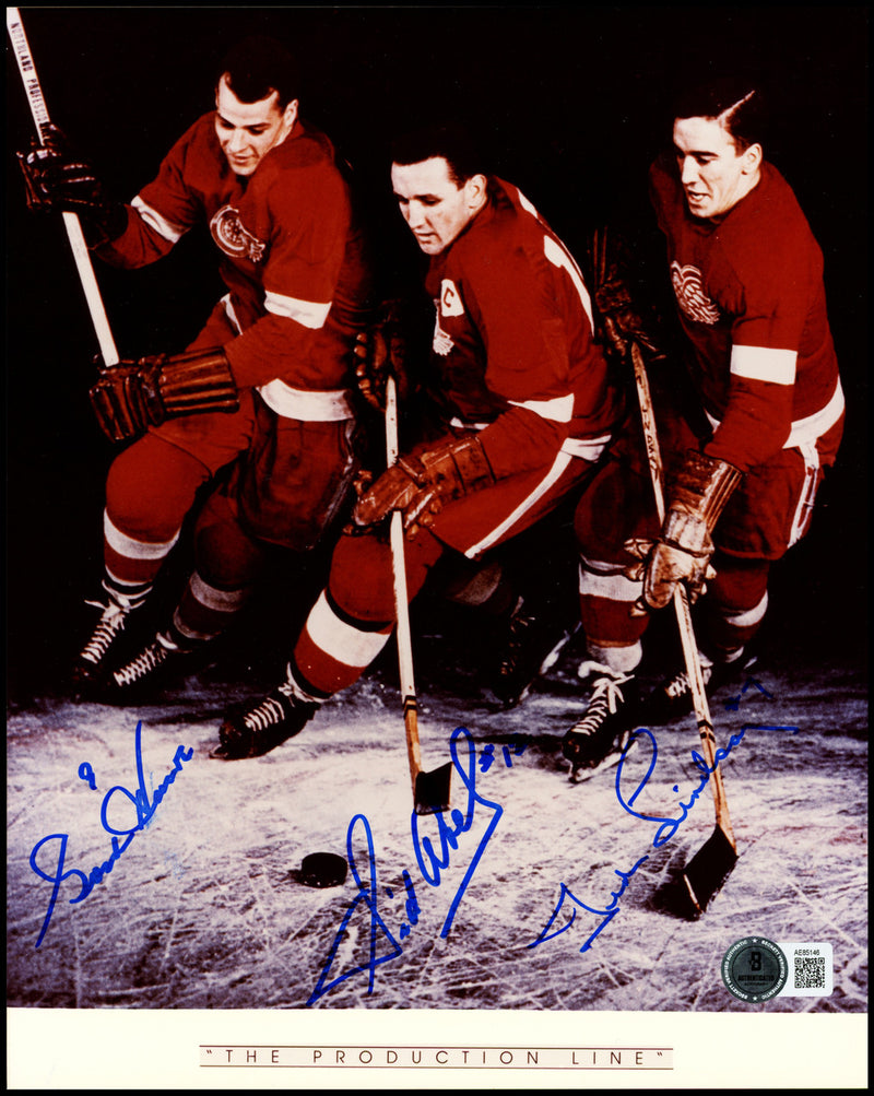Gordie Howe, Sid Abel, & Ted Lindsay Autographed 8x10 Photo Production Line Beckett BAS #AE85146