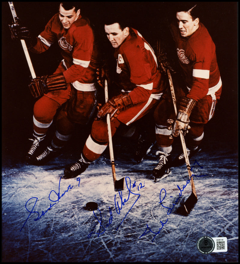 Gordie Howe, Sid Abel, & Ted Lindsay Autographed 8x10 Photo Production Line Beckett BAS #AE85149
