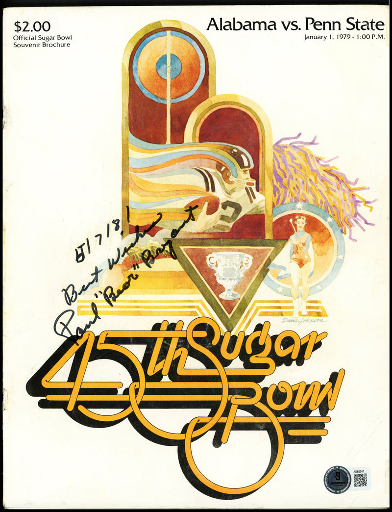 Paul "Bear" Bryant Autographed 1979 Sugar Bowl Program University of Alabama "Best Wishes" Beckett BAS #AE85547