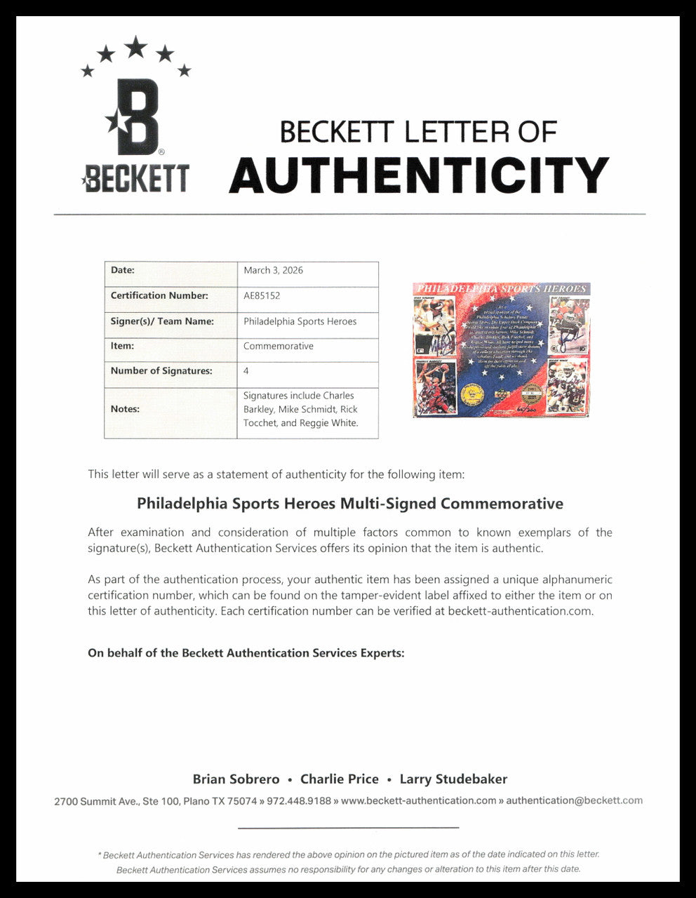 Reggie White, Charles Barkley, Mike Schmidt Autographed 1991 Upper Deck Philadelphia Sports Heroes Letter #65/200 Beckett BAS #AE85152