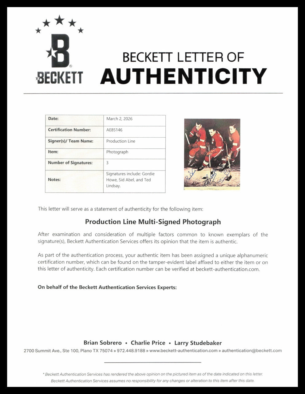 Gordie Howe, Sid Abel, & Ted Lindsay Autographed 8x10 Photo Production Line Beckett BAS #AE85146