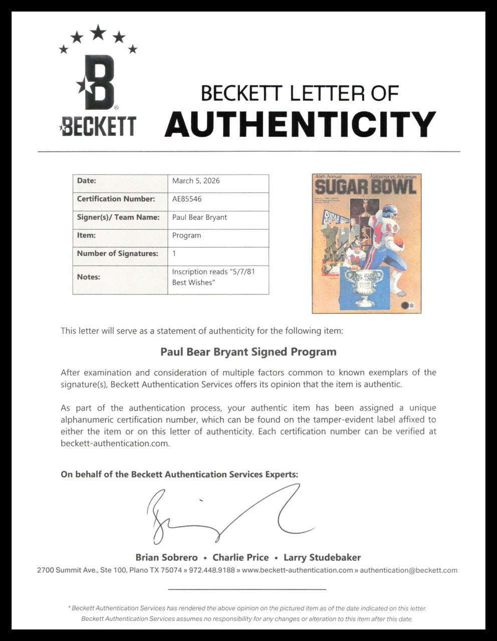 Paul "Bear" Bryant Autographed 1980 Sugar Bowl Program University of Alabama "Best Wishes" Beckett BAS #AE85546