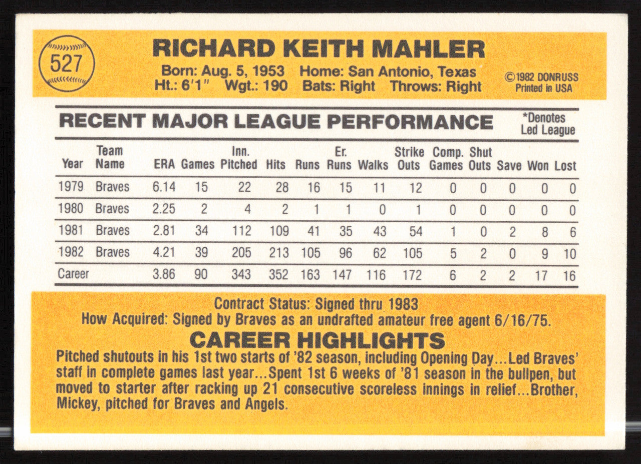 Rick Mahler Autographed 1983 Donruss Card #527 Atlanta Braves SKU #263752