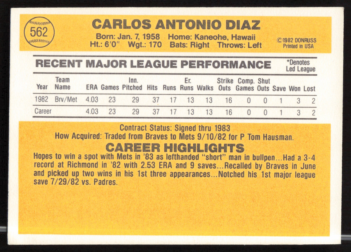 Carlos Diaz Autographed 1983 Donruss Card #562 Atlanta Braves SKU #263757