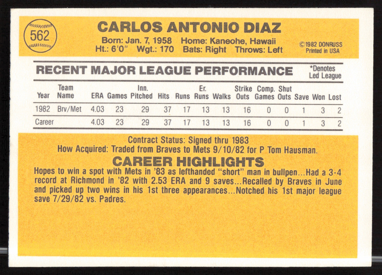 Carlos Diaz Autographed 1983 Donruss Card #562 Atlanta Braves SKU #263758