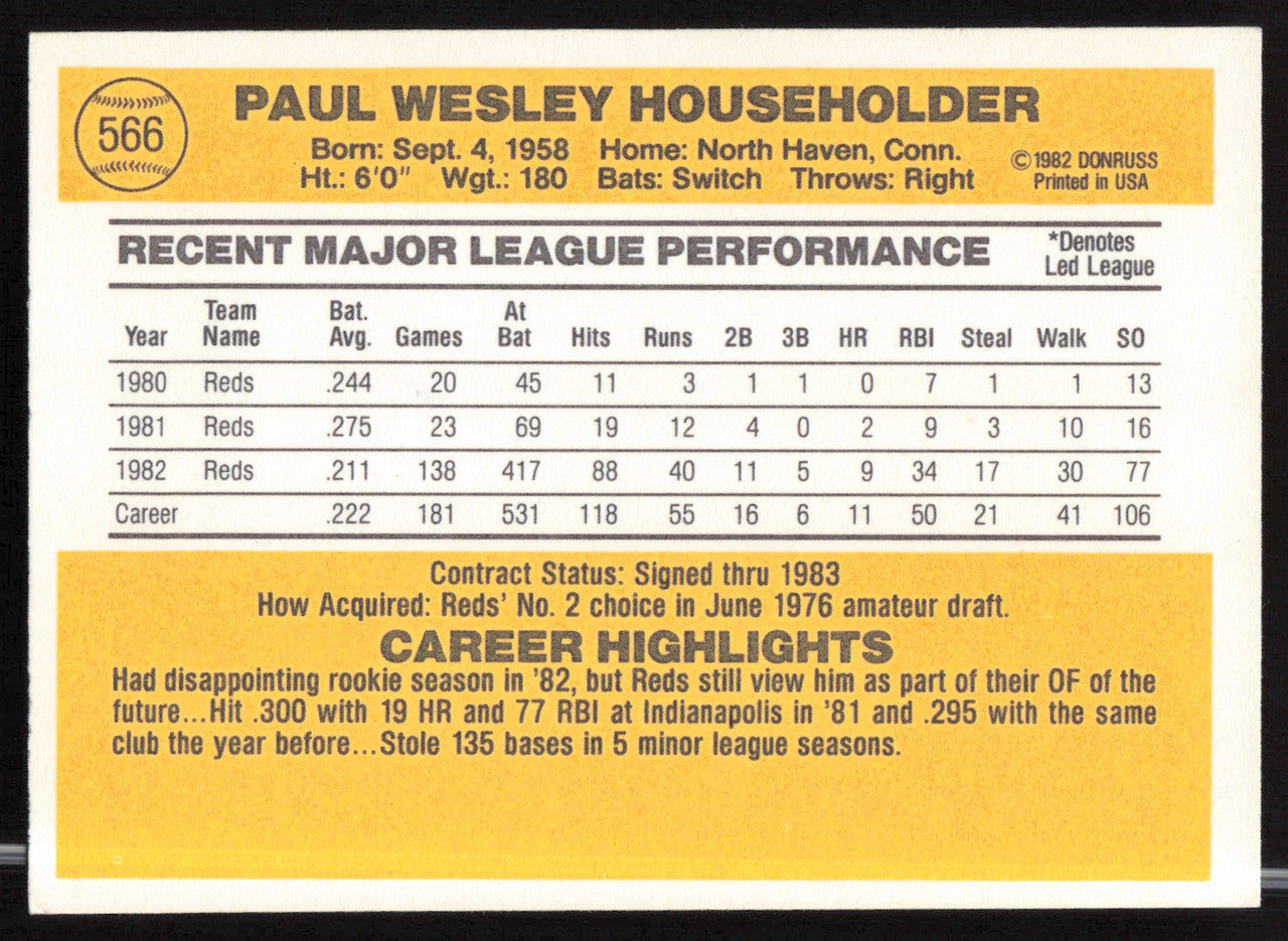 Paul Householder Autographed 1983 Donruss Card #566 Cincinnati Reds SKU #263759