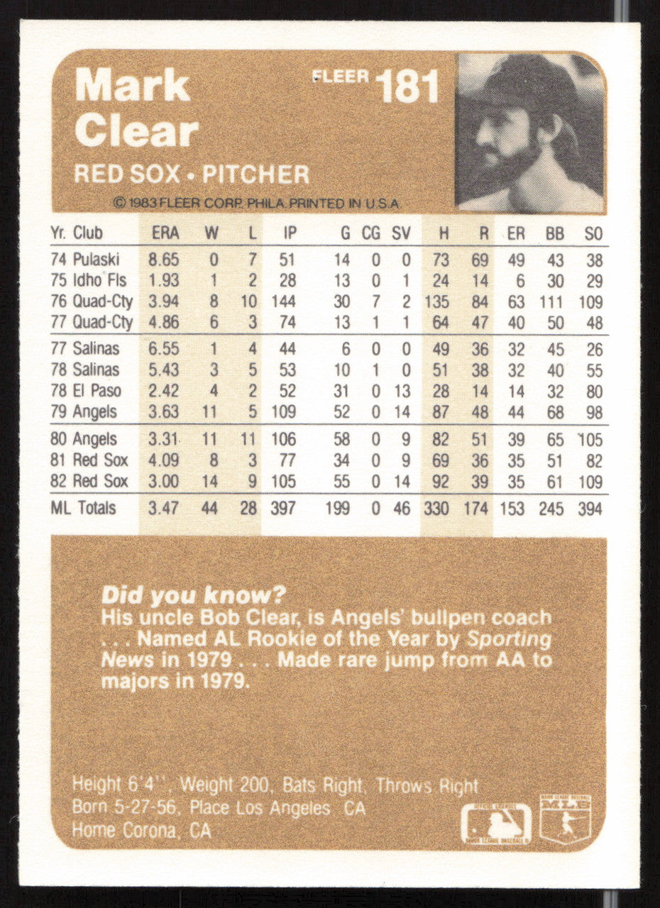 Mark Clear Autographed 1983 Fleer Card #181 Boston Red Sox SKU #263776