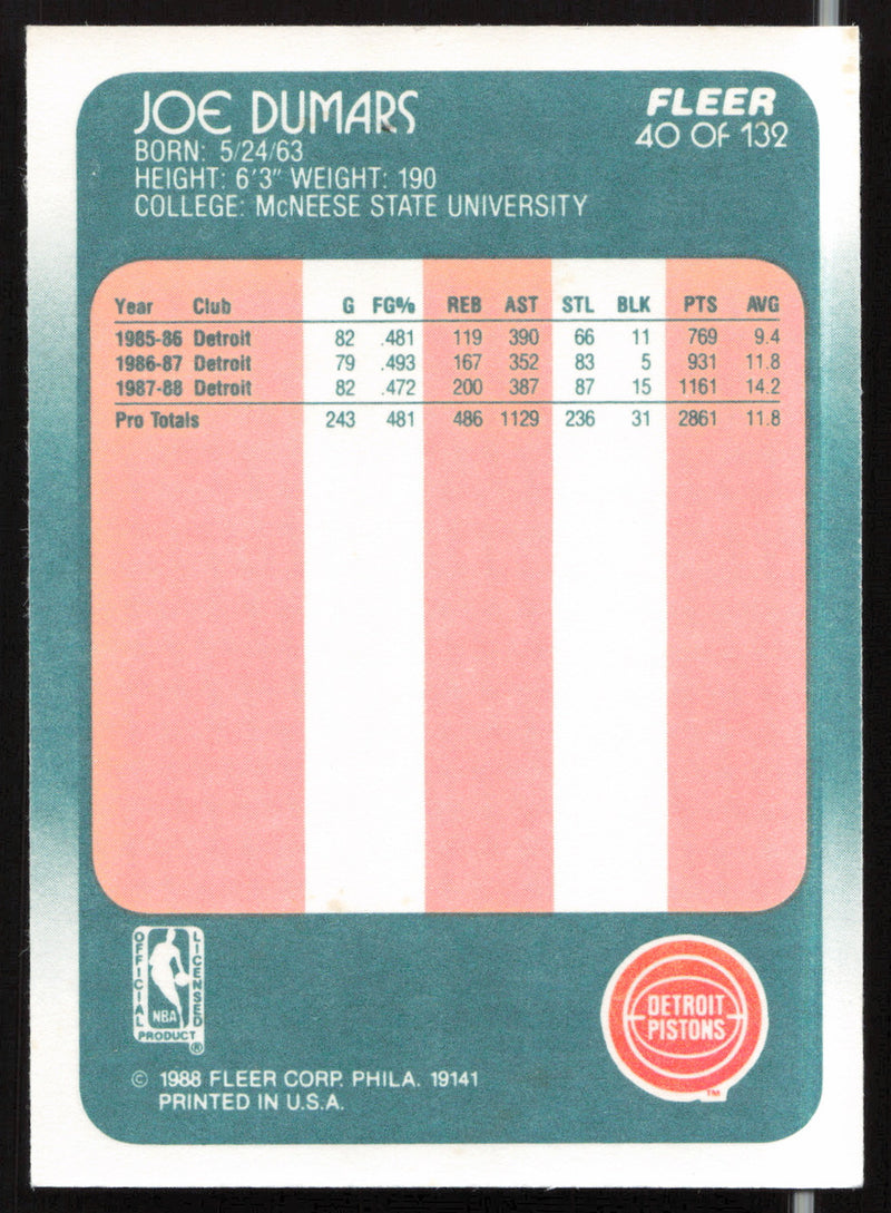 Joe Dumars Autographed 1988-89 Fleer Card #40 Detroit Pistons SKU #263879