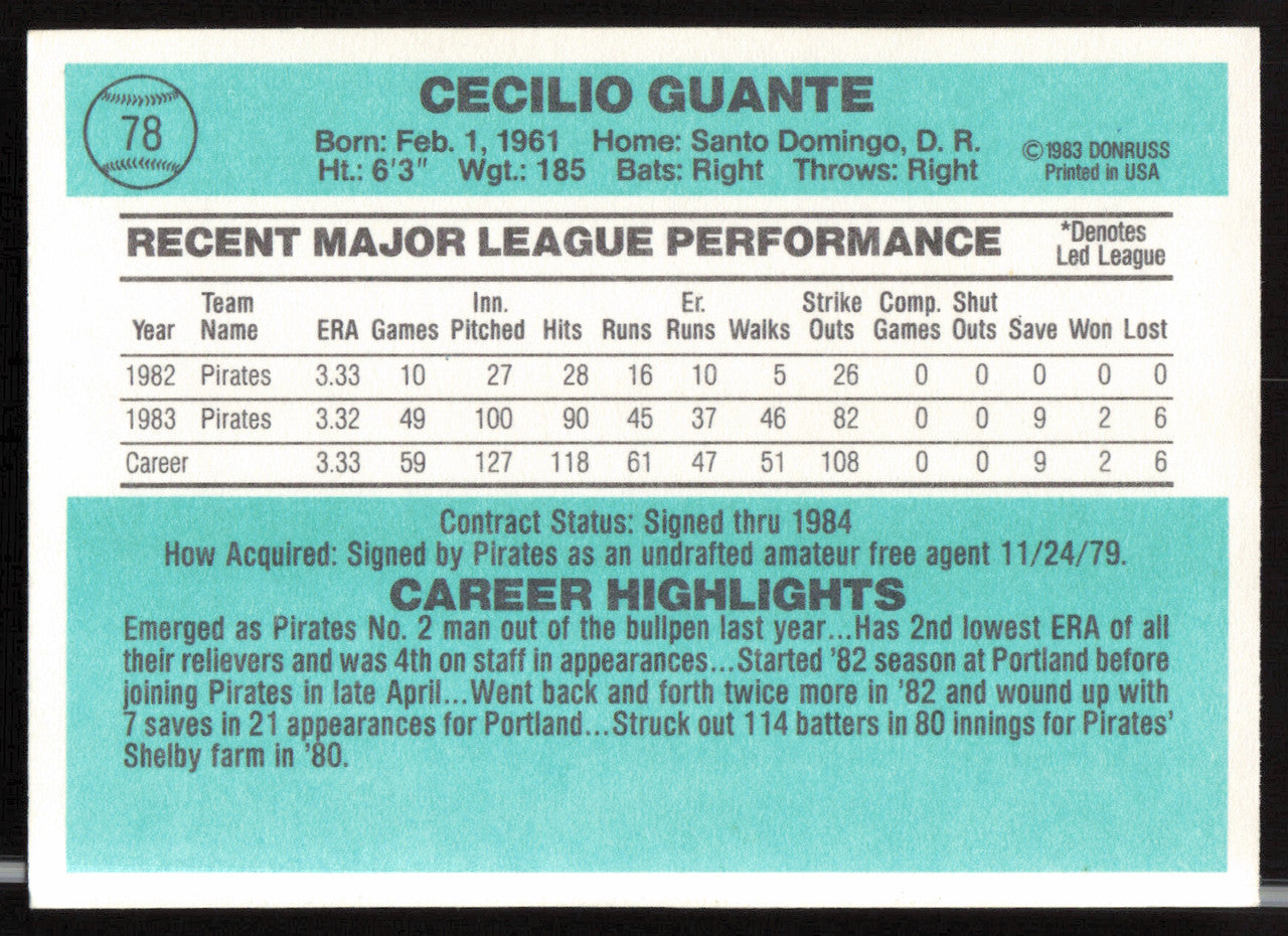Cecilio Guante Autographed 1984 Donruss Card #78 Pittsburgh Pirates SKU #263882