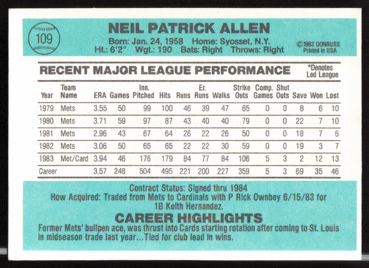 Neil Allen Autographed 1984 Donruss Card #109 St. Louis Cardinals SKU #263888