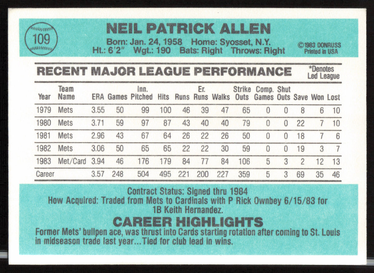 Neil Allen Autographed 1984 Donruss Card #109 St. Louis Cardinals SKU #263889