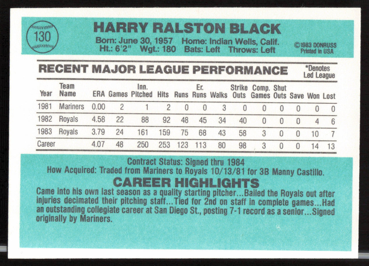 Bud Black Autographed 1984 Donruss Card #130 Kansas City Royals SKU #263893