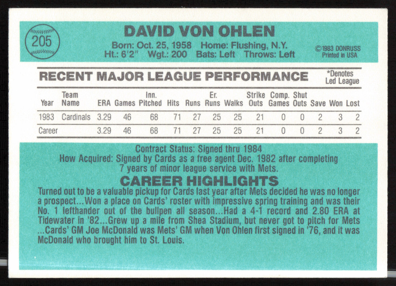 David Von Ohlen Autographed 1984 Donruss Card #205 St. Louis Cardinals SKU #263898