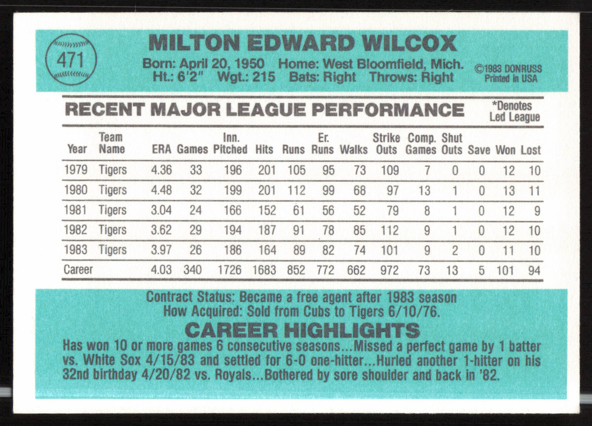 Milt Wilcox Autographed 1984 Donruss Card #471 Detroit Tigers SKU #263929
