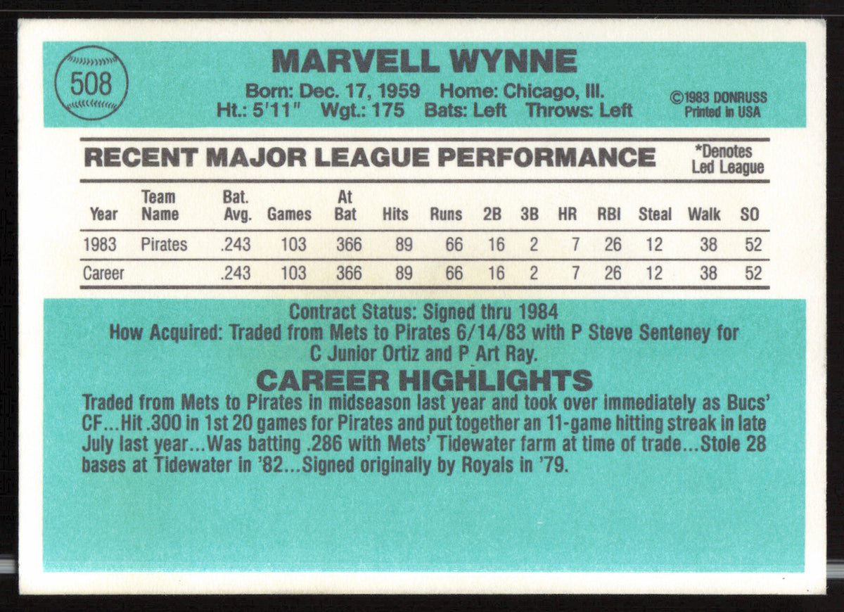 Marvell Wynne Autographed 1984 Donruss Card #508 Pittsburgh Pirates SKU #263936