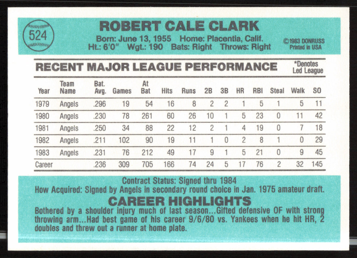 Bobby Clark Autographed 1984 Donruss Card #524 California Angels SKU #263940