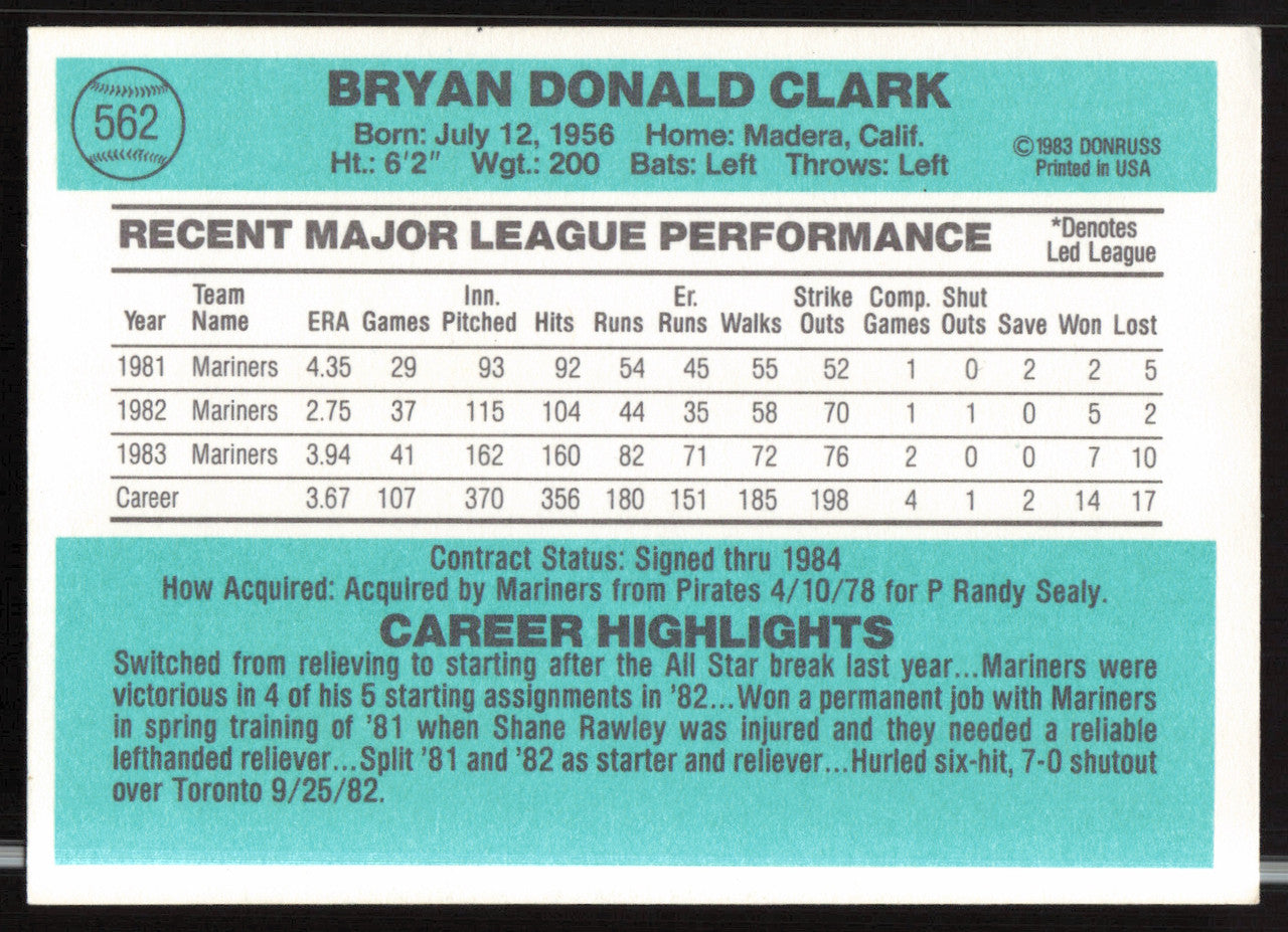 Bryan Clark Autographed 1984 Donruss Card #562 Seattle Mariners SKU #263950