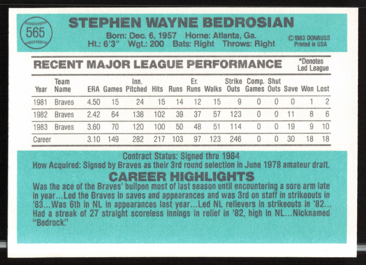 Steve Bedrosian Autographed 1984 Donruss Card #565 Atlanta Braves SKU #263951
