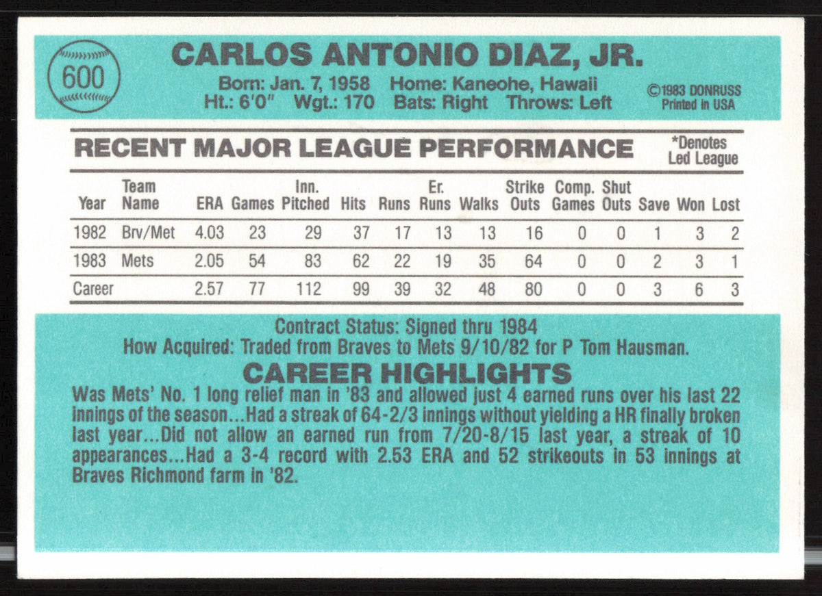 Carlos Diaz Autographed 1984 Donruss Card #600 New York Mets SKU #263957