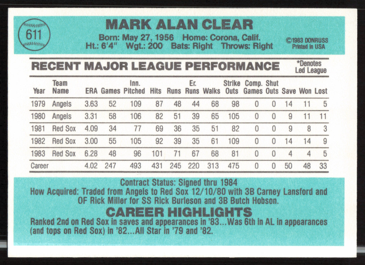 Mark Clear Autographed 1984 Donruss Card #611 Boston Red Sox SKU #263958