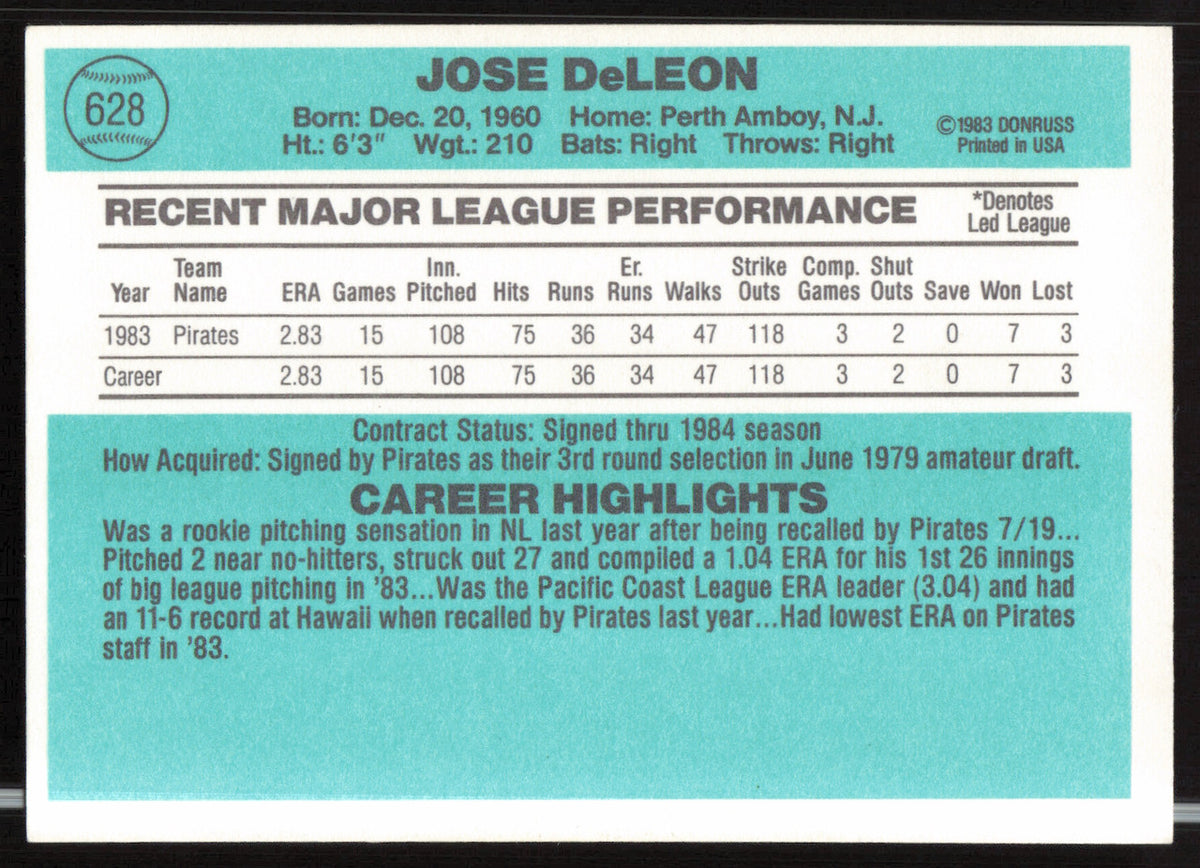 Jose DeLeon Autographed 1984 Donruss Card #628 Pittsburgh Pirates SKU #263964