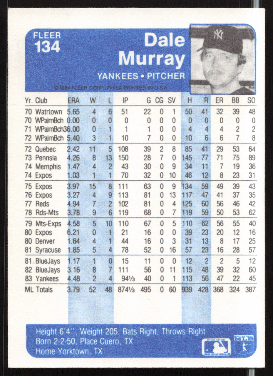 Dale Murray Autographed 1984 Fleer Card #134 New York Yankees SKU #263975