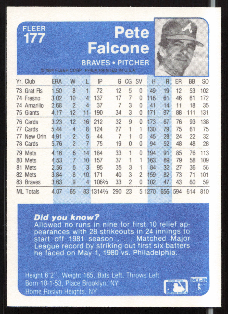 Pete Falcone Autographed 1984 Fleer Card #177 Atlanta Braves SKU #263977