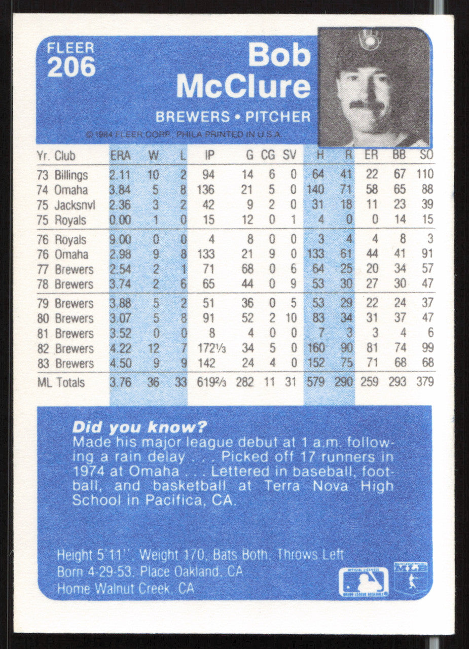 Bob McClure Autographed 1984 Fleer Card #206 Milwaukee Brewers SKU #263978