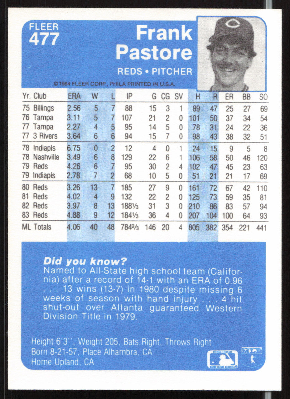 Frank Pastore Autographed 1984 Fleer Card #477 Cincinnati Reds SKU #263994