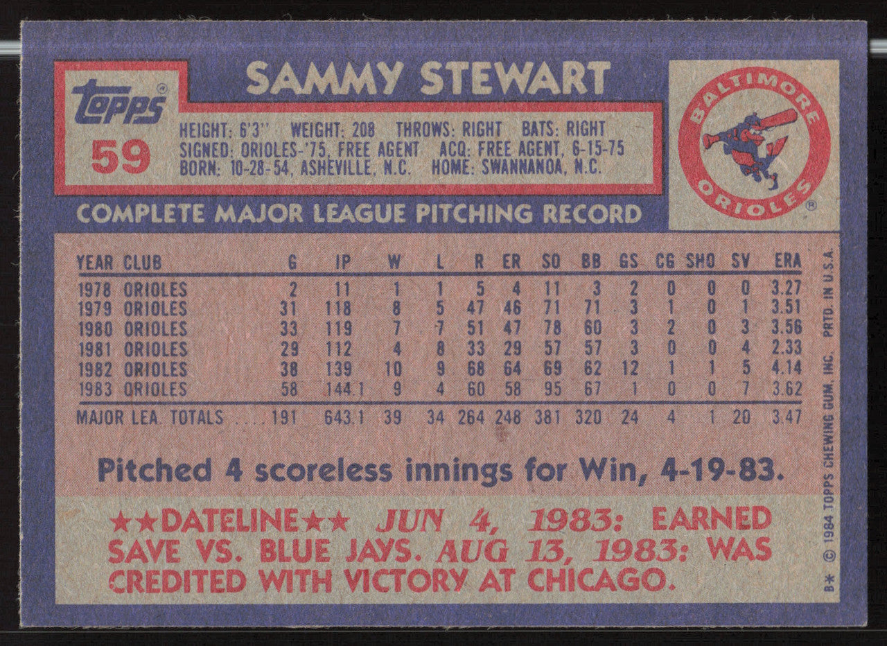 Sammy Stewart Autographed 1984 Topps Card #59 Baltimore Orioles SKU #264004