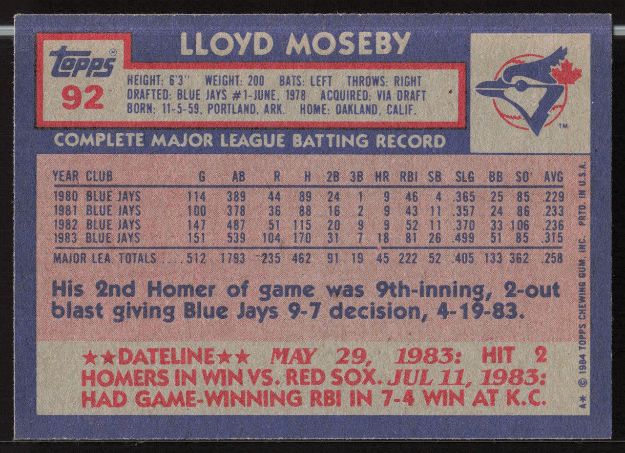 Lloyd Moseby Autographed 1984 Topps Card #92 Toronto Blue Jays SKU #264011