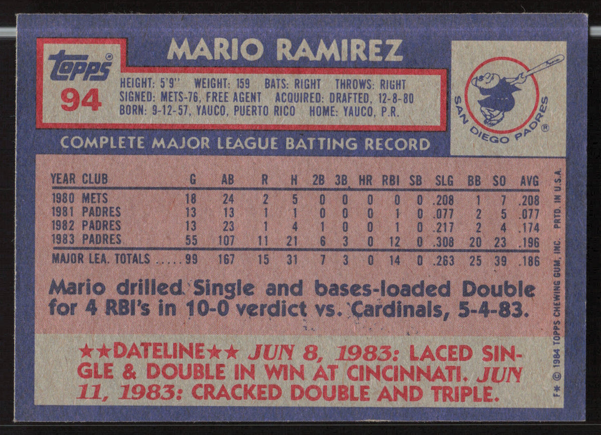 Mario Ramirez Autographed 1984 Topps Card #94 San Diego Padres SKU #264013